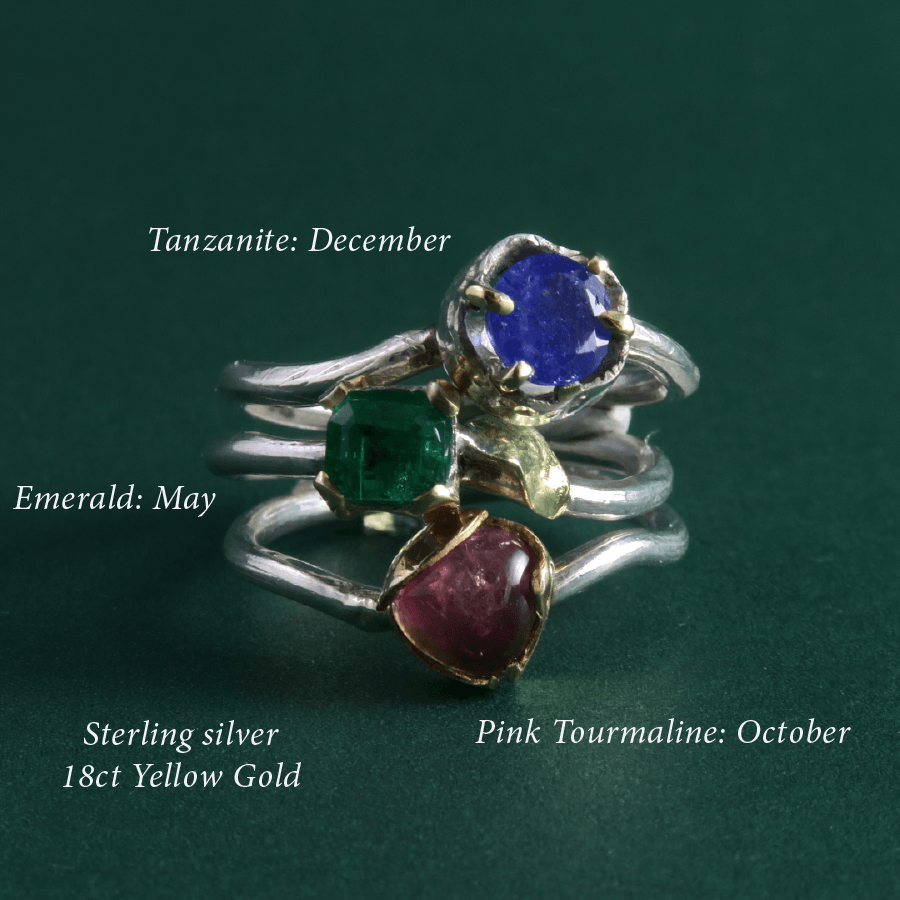 Pink Tourmaline, Emerald, Tanzanite birthstone stacking ring