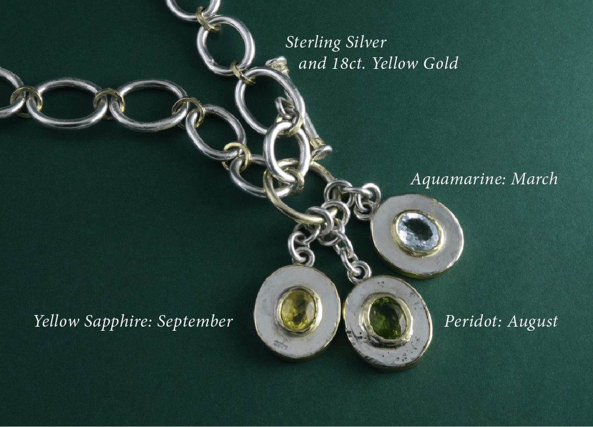 birthstone family necklace, yellow sapphire, peridot, aquamarine