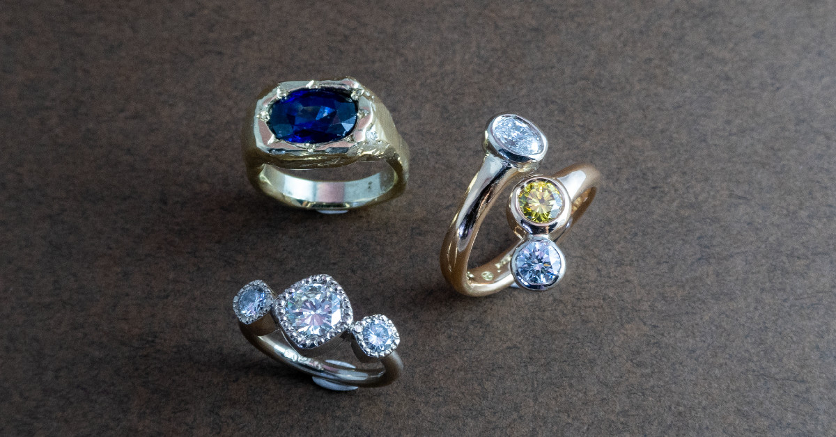 Three rings made from upcycled jewellery