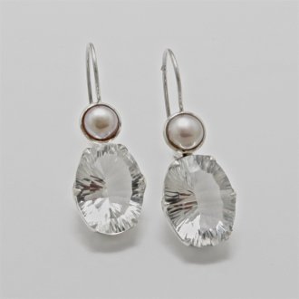 A Pair of Handmade Sterling Silver EARRINGS with Oval Facetted Rock Crystal and Freshwater Pearl.