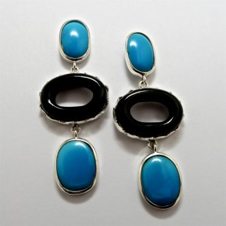 A Pair of Handmade Sterling Silver DROP EARRINGS with Turquoise and Black Onyx.