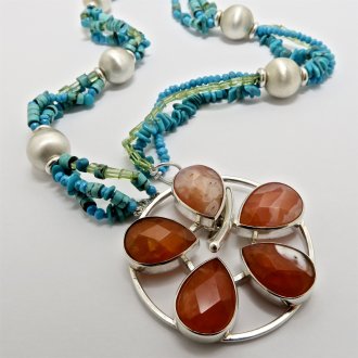 A Handmade Sterling Silver, Peridot and Turquoise NECKLACE with Orange Agate FLOWER PENDANT.