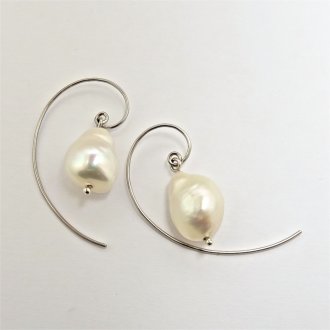 A Pair of Handmade Sterling Silver and White Freshwater Pearl LOOP EARRINGS.