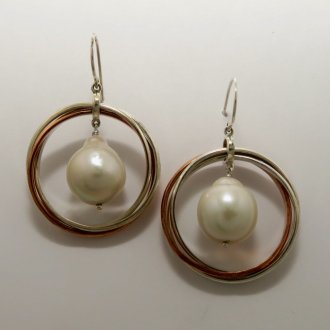 Pair of Handmade Sterling Silver, Copper and Freshwater Pearl DROP EARRINGS.