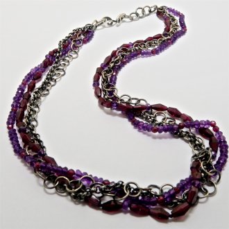 Oxidised Sterling Silver Chain, Amethyst and Garnet NECKLACE