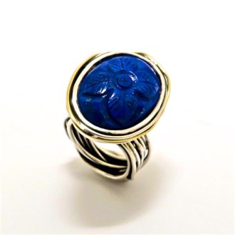 Handmade Sterling Silver, 18ct Yellow Gold and Carved Lapis Lazuli RING
