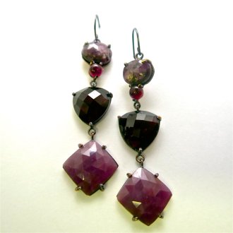 Pair of Handmade Oxidised Sterling Silver DROP EARRINGS with Ruby, Pink Tourmaline and Garnet
