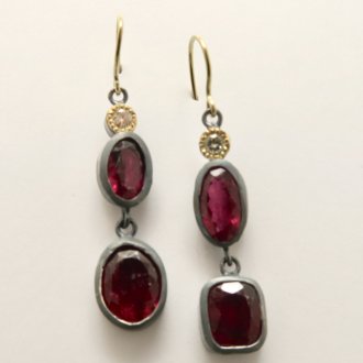 Pair of Handmade Sterling Silver and Fine Gold DROP EARRINGS with Facetted Pink Tourmaline and Natural Cape Diamonds