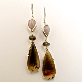 A Pair of Handmade Sterling Silver DROP EARRINGS with Pink Sapphire, Moss Agate and Montana Agate.