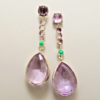 A Pair of Handmade Sterling Silver DROP EARRINGS with Amethyst, Chrysoprase and Rose de France.