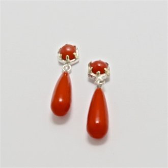 A Pair of Handmade Sterling Silver, 18ct Yellow Gold and Synthetic Coral DROP EARRINGS. Gold mass 0.61 gms.