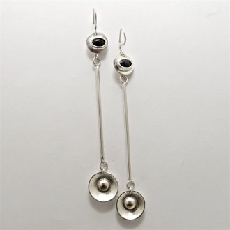 A Pair of Handmade Sterling Silver and Onyx DROP EARRINGS.