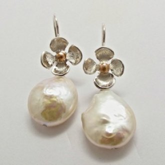 Handmade Sterling Silver, 18ct Yellow Gold and Freshwater Pearl 'Daisy' DROP EARRINGS