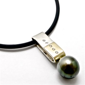 A Handmade Sterling Silver, 18ct Yellow Gold, Diamond (.08ct.) and Tahitian Pearl PENDANT on Rubber Thong.