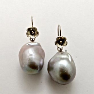 Handmade Sterling Silver and 18ct Yellow Gold DAISY DROP EARRINGS with XL Grey Baroque Freshwater Pearls
