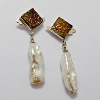 A Pair of Handmade Sterling Silver DROP EARRINGS with Iron Pyrite ( Fool's Gold) and Freshwater Pearl.