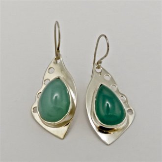 A Pair of Handmade Sterling Silver and Chrysoprase DROP EARRINGS.