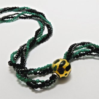 A Handmade Sterling Silver, 18ct Yellow Gold and Enamel CLASP on NECKLACE of Black Onyx, Green Agate and Hematite.