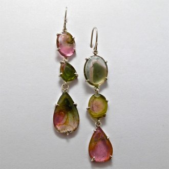A Pair of Handmade Sterling Silver DROP EARRINGS with Watermelon Tourmaline.
