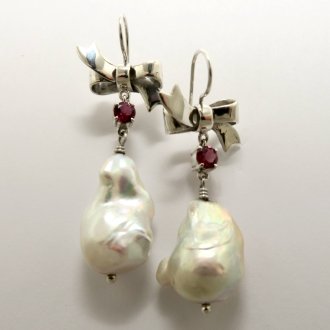 A Pair of Handmade Sterling Silver,  Freshwater Pearls and Pink Tourmaline 'Bow' DROP EARRINGS.