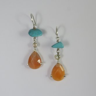 A Pair of Handmade Sterling SIlver DROP EARRINGS with Apricot Agate and Turquoise.