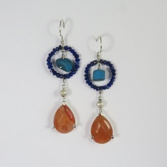 A Pair of Handmade Sterling SIlver, Apricot Agate, Lapizs Lazuli and Turquoise DROP EARRINGS.