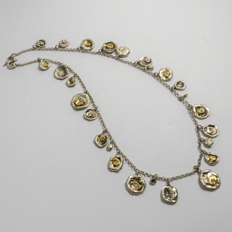 A Handmade Sterling Silver, Fine Gold and Round Brilliant-cut Diamonds NUGGET CHARM NECKLACE. Fine Gold Mass 3.56 gms.   Diamond Weight  0.33 cts.