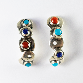 A Pair of Handmade, Sterling Silver HOOP EARRINGS with Coral, Turquoise and Lapis Lazuli.