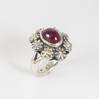 A Handmade Sterling Silver and 18ct Yellow Gold   Pink Tourmaline and Old-cut Diamonds DAISY RING.
