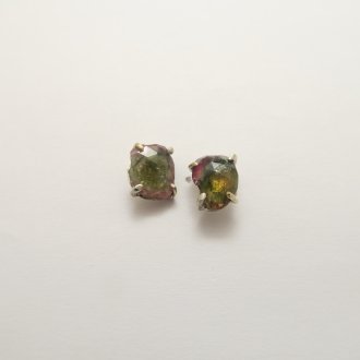 A Pair of Handmade Sterling Silver, 18ct Yellow Gold and Rainbow Tourmaline STUD EARRINGS. Gold mass 0.3gms.