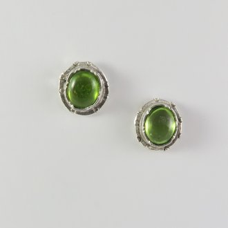A Pair of Handmade Sterling Silver STUD EARRINGS set with Cabochon Peridot.