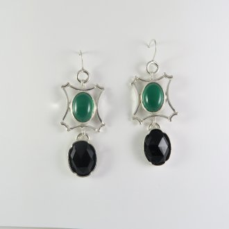 A Pair of Handmade Sterling Silver DROP EARRINGS set with Green and Black Onyx.