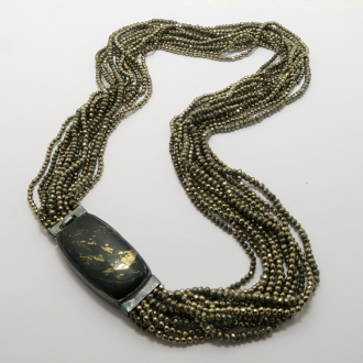 A Handmade Oxidised Sterling Silver Clasp set with Apache Gold on Multi-strand Iron Pyrite (Fool's Gold) Necklace.