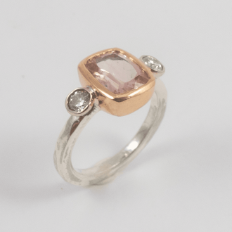 A Handmade Sterling Silver, 18ct White and Yellow Gold Pink Tourmaline and Diamond RING. Diamonds 0.34cts | Gold 2.37 gms