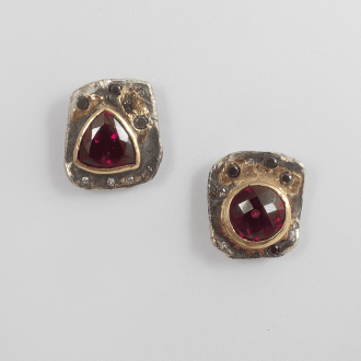 A Pair of Handmade Sterling Silver ​​​​​​​18ct Yellow Gold,Garnet, White and Black DiamondDROP EARRINGS. Diamonds 0.42cts | Gold 2.31 gms.