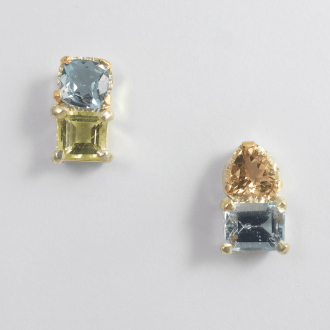A Pair of Handmade Sterling Silver and 18ct Yellow Gold STUD EARRINGS with Pink, Green and Blue Beryl. Gold 0.31 gms.