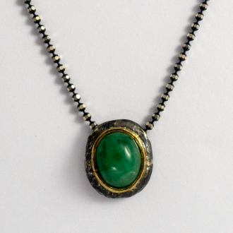 A Handmsade Oxidised Sterling SIlver and 18ct Yellow Gold Cabochon Emerald PENDANT on Oxidised Sterling Silver Ball Chain.