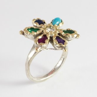 A Handmade Sterling Silver, 18ct Yellow Gold DEAREST RING. Diamond, Emerald, Amethyst, Ruby, Emerald, Sappphire, Turquoise. 