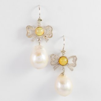 A Pair of Handmade Sterling Silve DROP EARRINGS.  White Baroque Freshwater Pearls and Ethiopian Opals.