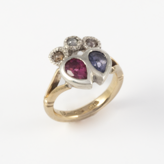 A Handmade Sterling Silver and 14ct Yellow Gold "CROWNED TWIN HEART" RING. Iolite, Pink Tourmaline and Diamonds. 