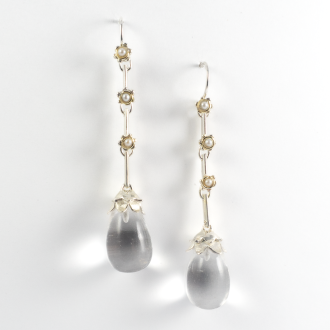 A Pair of Handmade Sterling Silver, Rock Crystal and Seedpearl DROP EARRINGS.