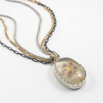 A Handmade Sterling Silver, Yellow Gold, Pink Sapphire,  Diamond, Rock Crystal and Seed Pearl Reversible PENDANT and Chain.