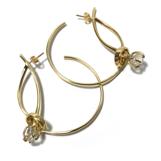 A Pair of Handmade Sterling Silver, Baked Gold Resin and Herkimer Crystal "Single Stem Rose" HOOP EARRINGS.