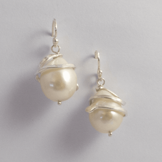 A Pair of Handmade Sterling Silver DROP EARRINGS with Tear-shaped semi-Baroque  Freshwater Pearls