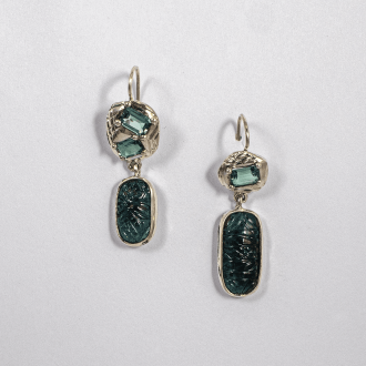 A Pair of Handmade Sterling Silver  DROP EARRINGS  with Carved and Facetted  Tourmalines.