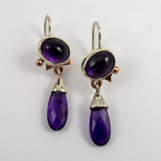 A Pair of Handmade Sterling Silver, Copper and Amethyst DROP EARRINGS.