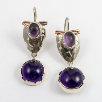 A Pair of Handmade Sterling Silver, Copper and Amethyst DROP EARRINGS.