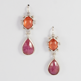 A Pair of Handmade Sterling Silver DROP EARRINGS set with Rhodochrosite and Pink Sapphire.