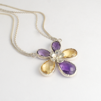 A Handmade Sterling Silver, Amethyst and Citrine PANSY PENDANT on Silver Chain.