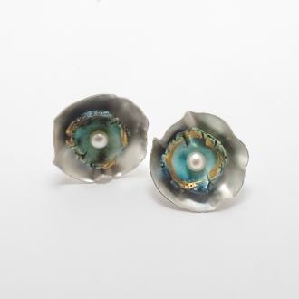 A Pair of Handmade Sterling Silver, Freshwater Pearl and Ceramic 'Flower' CLIP-ON EARRINGS.
